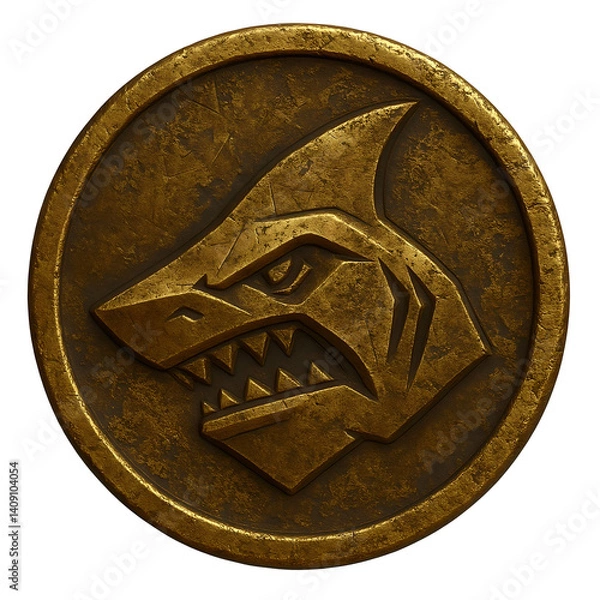 Fototapeta Dirty, with traces of earth, aged coin. It's a coin with a shark on it—the head of a shark on a coin.