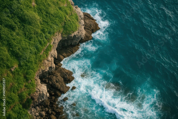 Fototapeta serene digital detox retreat by ocean showcases lush greenery and rocky cliffs meeting turquoise waves, inviting tranquility and peace