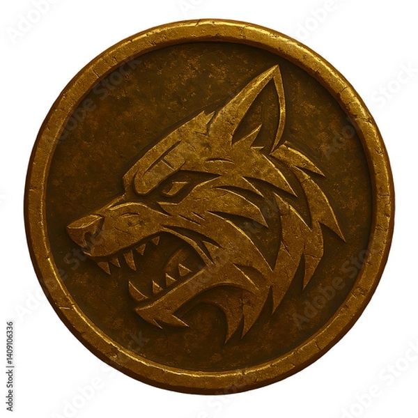 Fototapeta Dark, bronze coin with roughness. The head of a wild wolf is on the coin. Coin in the realm style, stylized with a chopped wolf head shape.