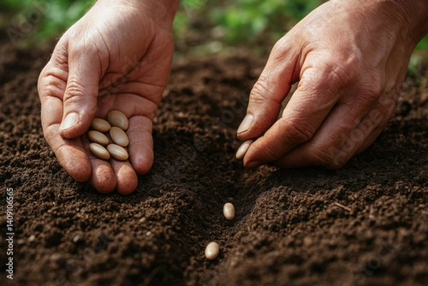 Fototapeta Planting seeds in rich soil is rewarding experience that connects us to nature and promotes digital detox retreat for mind