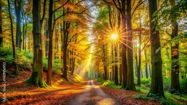 Obraz Sunlit Forest Path in Autumn
