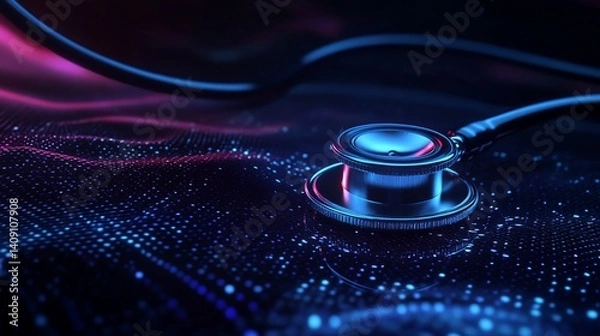 Fototapeta Stethoscope on digital wave background, representing healthcare technology and innovation.