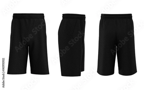 Fototapeta Blank Isolated short fleece jogger mockup front back and side view 3d rendering black color