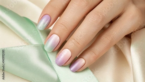 Fototapeta Pastel gradient nail art, Minimalist trendy style Stylish hand with pastel ombre nails resting on soft fabric.