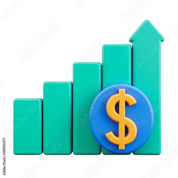 Fototapeta A rising bar graph with an orange dollar symbol and upward arrow, Financial growth and investment return, representing financial growth, economic success, or profit increase in a sleek, 3d icon