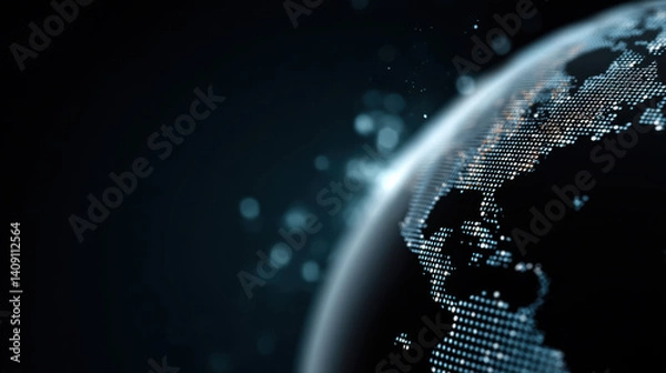 Fototapeta Digital globe with pixelated continents on dark background, symbolizing technology