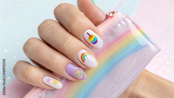 Fototapeta Pastel gradient nail art, Minimalist trendy style Colorful nail art design featuring playful patterns and a vibrant background.
