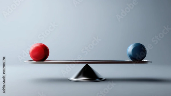 Obraz red and blue sphere balance on sleek scale, symbolizing equilibrium
