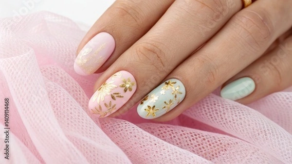 Fototapeta Pastel gradient nail art, Minimalist trendy style Elegant manicured nails adorned with floral designs and soft pastel colors against a delicate fabric backdrop.