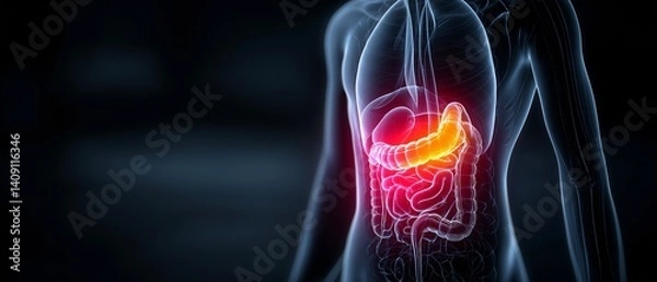 Fototapeta intestinal and stomach inflammation in the human body.  Illustration of discomfort, nausea, and digestive disorders associated with gastritis