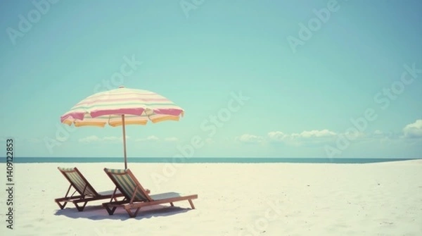 Fototapeta A Cinematic Beach umbrella sand Scene Featuring A Pair Of Retro Striped Lounge Chairs Under A Vibrant Umbrella Sea