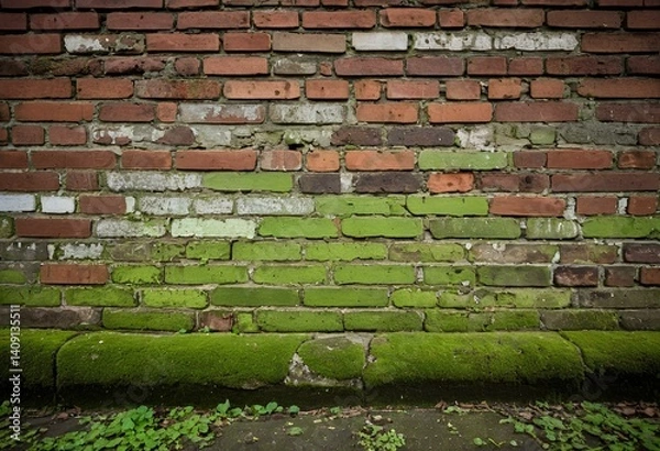 Fototapeta A brick wall with green ivy growing on it.