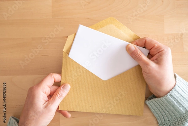 Fototapeta Woman's hands taking a blank white letter out of a brown envelope placed on a wooden table, offering copy space for customization and personalization