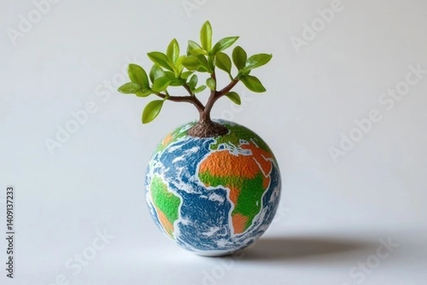 Obraz A small plant sprouts from a painted globe, symbolizing environmental protection and a sustainable future.