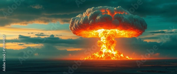 Obraz Nuclear explosion generating a mushroom cloud over water at sunset