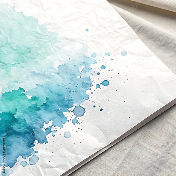 Fototapeta Elegant Watercolor Art with Blue Feather, Paintbrush, and Abstract Splash on Textured Paper – Flat Lay Composition