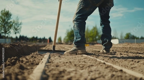 Obraz Construction worker leveling the ground for a foundation. Featuring precision and hard work