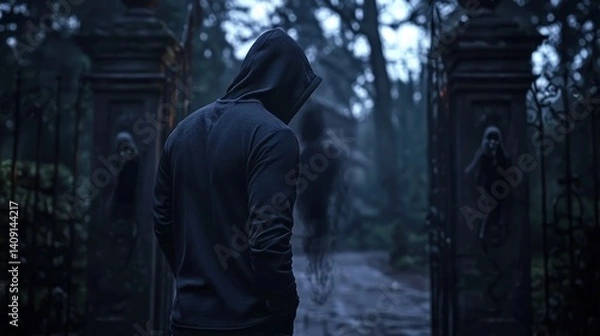 Fototapeta Mysterious figure at gothic gates, ghostly figures in background, dark moody scene