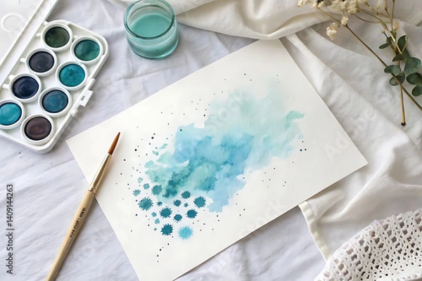Fototapeta Elegant Watercolor Art with Blue Feather, Paintbrush, and Abstract Splash on Textured Paper – Flat Lay Composition
