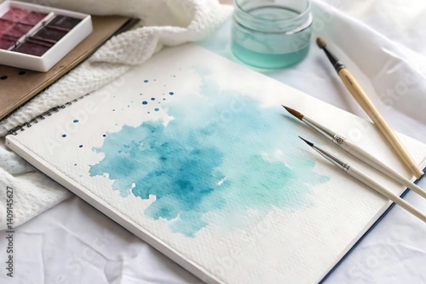 Fototapeta Elegant Watercolor Art with Blue Feather, Paintbrush, and Abstract Splash on Textured Paper – Flat Lay Composition