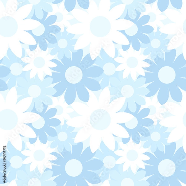 Obraz ガーリーでかわいい　大きな花柄のシームレスパターン　総柄　ブルー系　ベクター