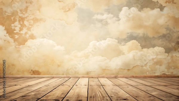 Fototapeta Vintage Wooden Floor and Cloudy Textured Wall Background – Rustic Interior Scene with Dreamy Atmosphere
