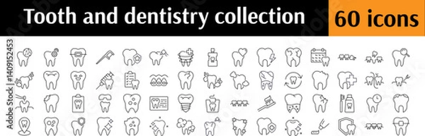 Fototapeta Dentistry Line Icon Pack. Teeth, Dental Floss, Caries, Cleaning Outline Signs for Graphic and Web Design, Apps, Adverts, Various Cards