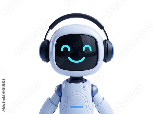 Fototapeta Happy robot. 3d ai character, chat bot mascot isolated on white background, GPT chatbot icon. Artificial intelligence, trendy technology, support service, funny automation computer 