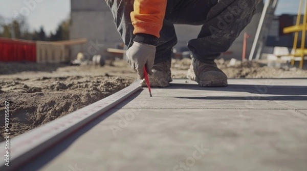 Fototapeta Construction worker measuring the foundation for a new building. Featuring precision and focus