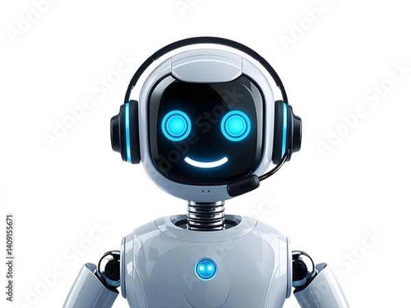 Fototapeta Happy robot. 3d ai character, chat bot mascot isolated on white background, GPT chatbot icon. Artificial intelligence, trendy technology, support service, funny automation computer 
