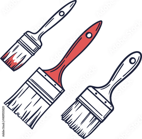 Fototapeta A graphic design featuring three stylized paintbrushes, two with red and one with a white handle.