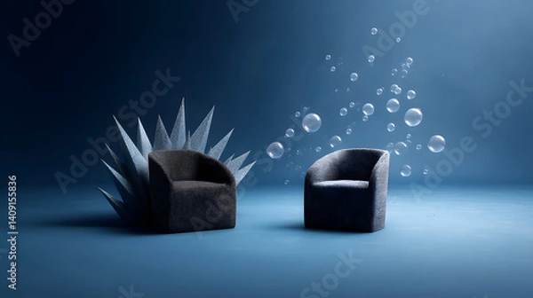 Fototapeta Artistic Armchairs Surrounded by Bubbles and Spiky Elements  