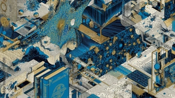 Fototapeta Futurist laboratory design, including luminous test tubes, molecular structures, mechanical pipelines, integrating metal cobalt blue and gold elements, science fiction and decorative art styles