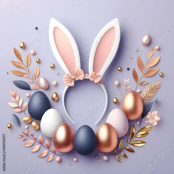 Obraz Elegant Easter flat lay featuring bunny ears, metallic and pastel eggs, and decorative floral elements arranged on a soft lavender background, perfect for festive spring design