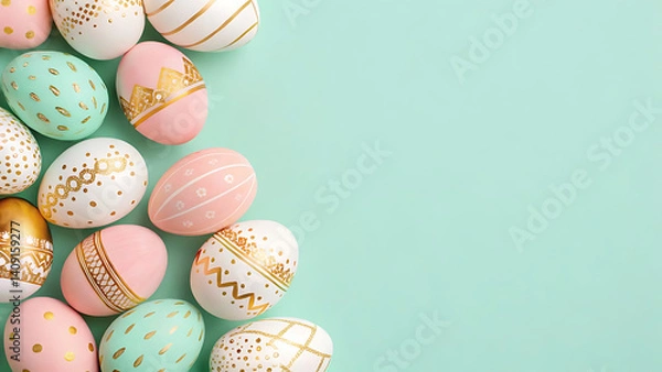 Fototapeta Stylish Pastel Easter Eggs with Gold Decorations on Mint Background – Festive Flat Lay for Spring Celebration