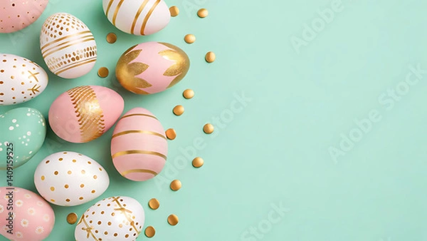Fototapeta Stylish Pastel Easter Eggs with Gold Decorations on Mint Background – Festive Flat Lay for Spring Celebration
