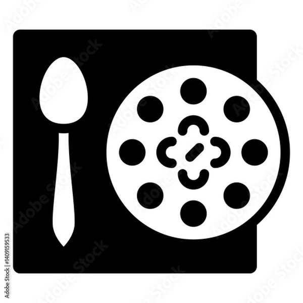 Fototapeta Soup plate with spoon at table solid icon, eat what you want concept. Vector graphics. Food dish sign on white background, glyph style mobile or design.