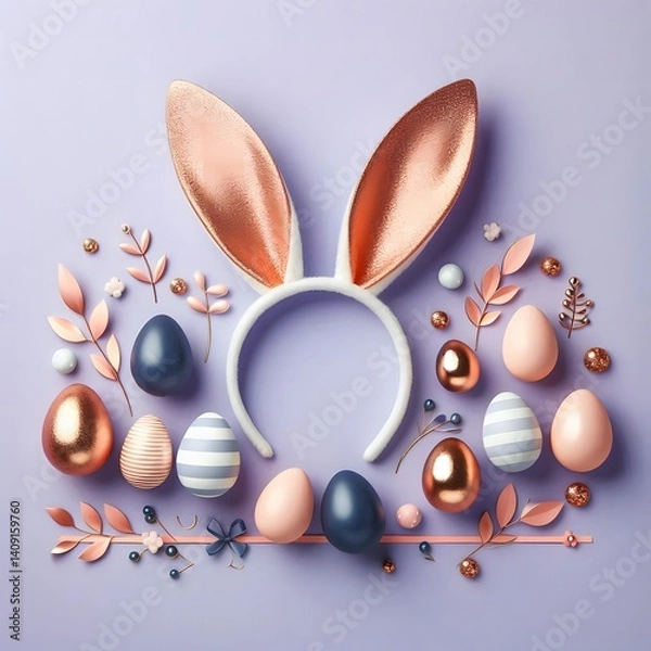Obraz Elegant Easter flat lay featuring bunny ears, metallic and pastel eggs, and decorative floral elements arranged on a soft lavender background, perfect for festive spring design