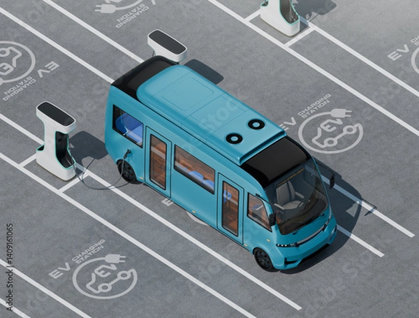 Fototapeta Isometric view of blue Electric Bus charging on Electric Bus Charging Station. 3D rendering image.