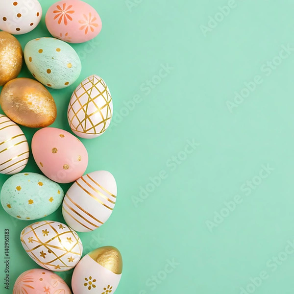 Fototapeta Stylish Pastel Easter Eggs with Gold Decorations on Mint Background – Festive Flat Lay for Spring Celebration