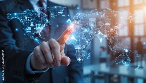 Fototapeta Global communication concept with a hand that touches virtual  network.