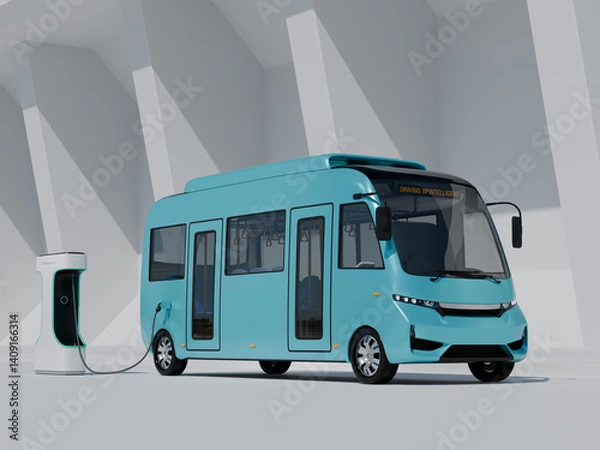 Obraz Electric Bus charging on monolithic background. Generic design. 3D rendering image.