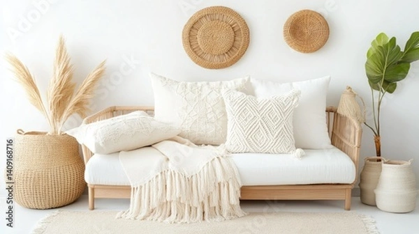 Fototapeta Cozy and Inviting Bohemian Living Room with Textured Decor and Neutral Tones