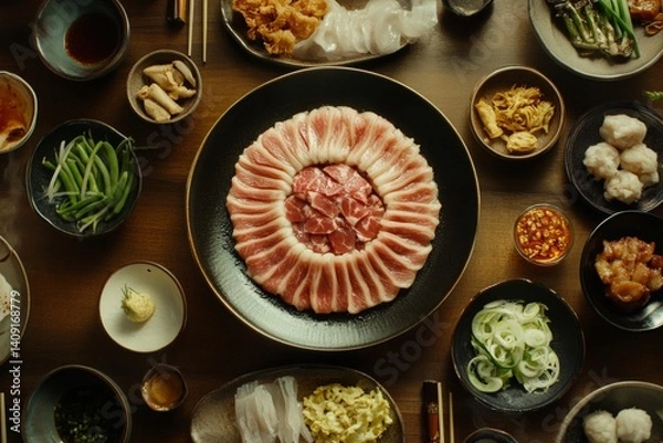 Fototapeta Plate of steamed BBQ pork bun surrounded by colorful small bowls with appetizing dishes. Concept of steamed BBQ pork bun showcasing delicious Asian cuisine and vibrant presentation.