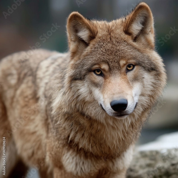 Fototapeta Sharp portrait of a wild wolf with golden eyes, showcasing its strength and alert nature.