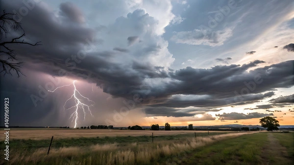 Fototapeta "Dramatic Lightning Strike Over Rural Field During Thunderstorm at Sunset"