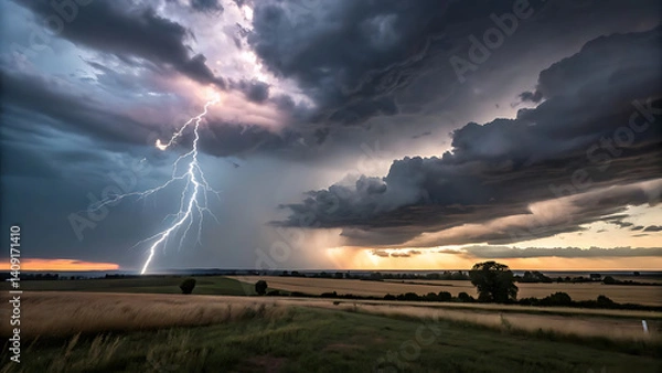 Fototapeta "Dramatic Lightning Strike Over Rural Field During Thunderstorm at Sunset"