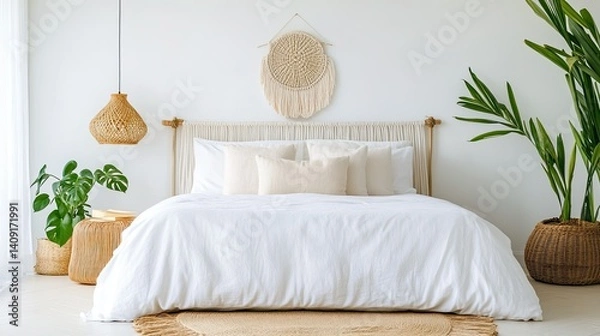 Obraz Serene Minimalistic Bedroom with Neutral Decor and Natural Elements in Soft Lighting