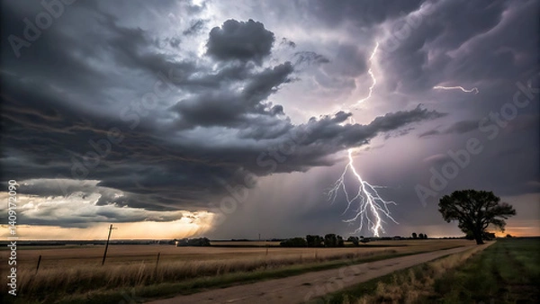 Fototapeta "Dramatic Lightning Strike Over Rural Field During Thunderstorm at Sunset"