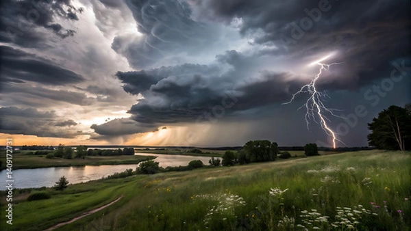Fototapeta "Dramatic Lightning Strike Over Rural Field During Thunderstorm at Sunset"